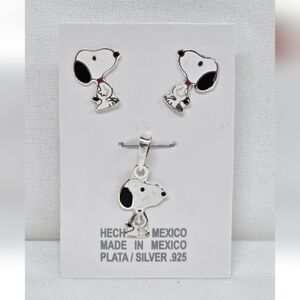 SNOOPY Beagle Dog Pendant & Stud Earrings Set Enamel 925 Mexican Sterling Silver